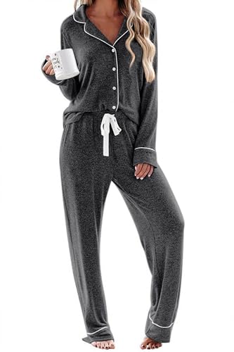 Ekouaer Women's Pajamas Long Sleeve Loungewear Casual Button Down Pjs