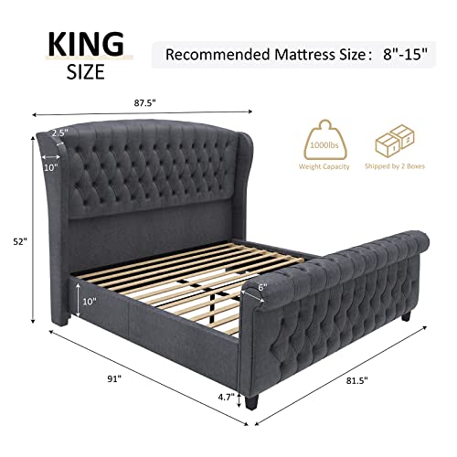 Amerlife King Size Platform Bed Frame, Velvet Upholstered Sleigh Bed With Scroll Wingback Headboard & Footboard/Button Tufted/No Box Spring Required/Grey #TOP1