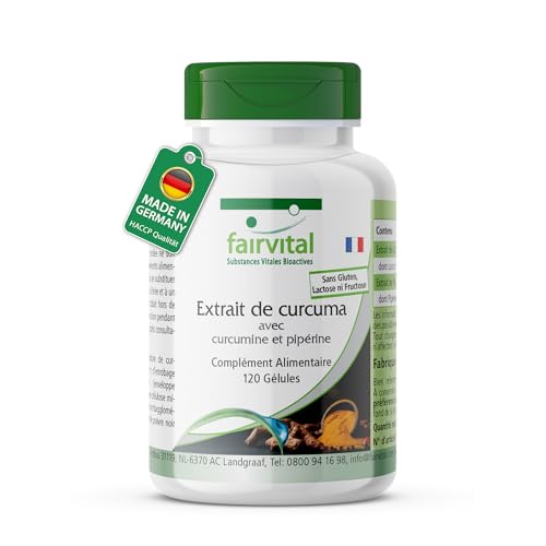 fairvital Gélules de curcuma, 500mg d'extrait de curcuma par gélule, 120 gélules, HAUTEMENT DOSÉES, curcumine 95% avec biopérine (pipérine)