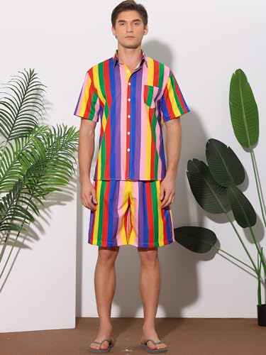 Lars Amadeus Stripe Hawaiian Sets for Men's 2 Pieces Short Sleeves Button Beach Shirt Shorts2