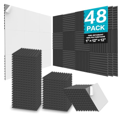 JBER Acoustic Foam Panels, 48 Pack 12x12x1" Black