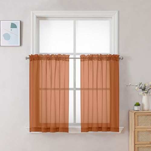 Image of Chyhomenyc Orange Sheer Curtains 30 inch Length 2 Panels, Light Filtering Voile Rod Pocket Short Window Curtians for Bathroom Living Room Farmhouse Small Windows, 42Wx30L inches