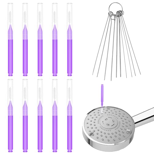 Image of NQEUEPN 10pcs Shower Head Cleaners, with 10pcs Needle Picks Anti-Clogging Shower Head Cleaning Brush Tiny Crevice Cleaner Tool for Small Holes Gaps Nozzle Window Slot Household Bathroom (Purple)