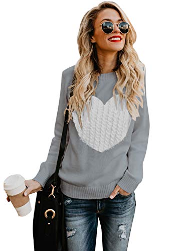 Shermie Womens Pullover Sweaters Long Sleeve Crewneck Cute Heart Knitted Sweaters Grey thumb #1