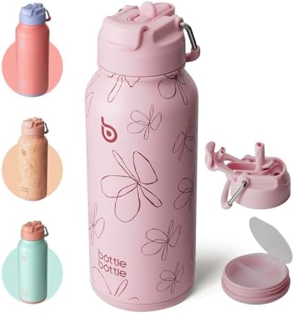BOTTLE BOTTLE Edelstahl Trinkflasche 850ml Strohhalm&Pillenfach Sport PB | Pinke Blumen Isolierflasche auslaufsicher mit Direkttrinken BPA-frei, Thermoflasche für Fitness, Outdoor
