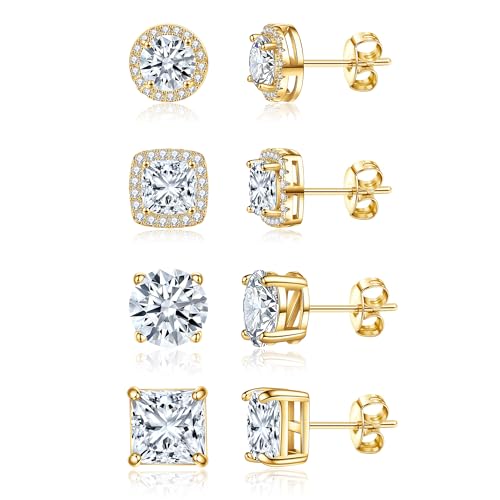 Cubic Zirconia Stud Earrings for Women Men 14K Gold Plated Halo Stud Earrings Hypoallergenic Earrings CZ Halo Stud Earrings for Sensitive Ears