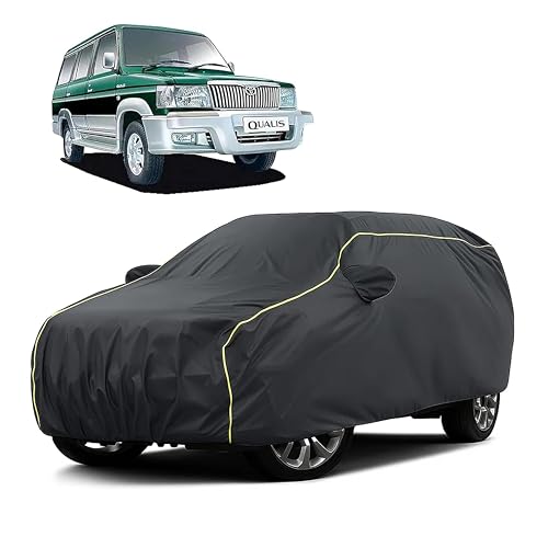 Image of Sulfar 100% Water Resistant Car Body Cover Compatible with Mirror for Toyota Qualis (Triple Stitched, Full Bottom Elastic, Dark Grey Taffeta with Yellow Piping)