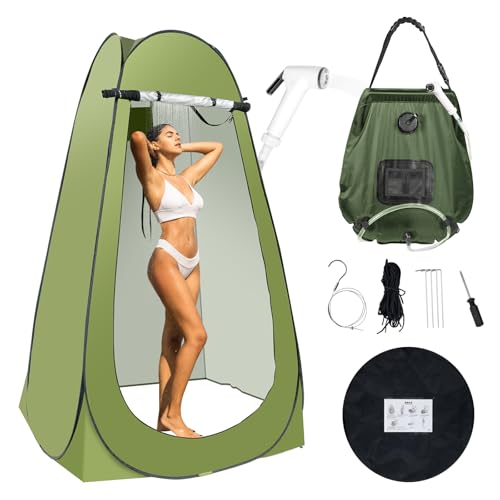 Portable Camping Bathroom Shower Tent Kit, Outdoor Pop Up Privacy Changing Tent with 5 Gallon Shower Bag-(Nozzle Upgraded) (Green)