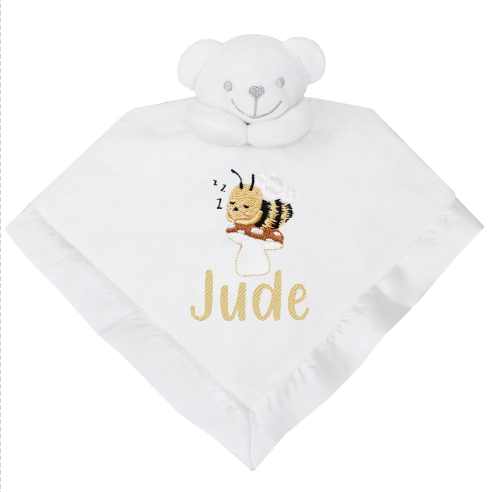 TeddyT's Personalised Baby Embroidered Sleepy Bumble Bee Cuddle Blanket (White)