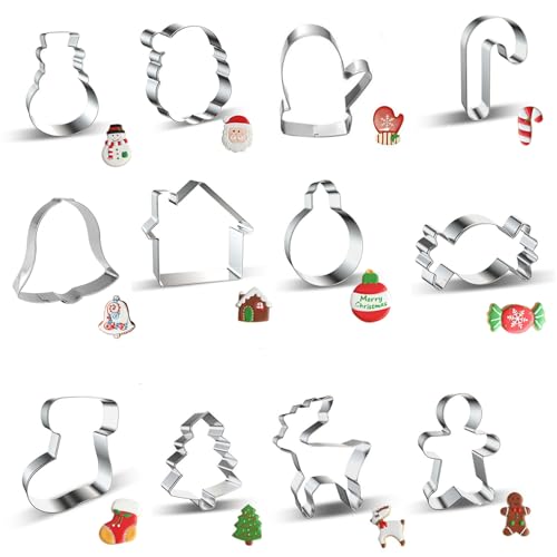 12 Pcs Christmas Cookie Cutters Set, Stainless Steel Christmas Cookie Cutter Christmas Biscuit Cutters Christmas Tree Santa Claus Xmas Cookie Cutters for Baking