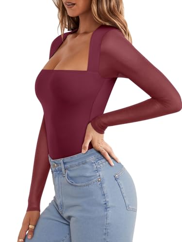 PINKMSTYLE Long Sleeve Square Neck Bodysuit for Women Mesh Top Concert Outfits Going Out Tops Burgundy XX-Large — view 3