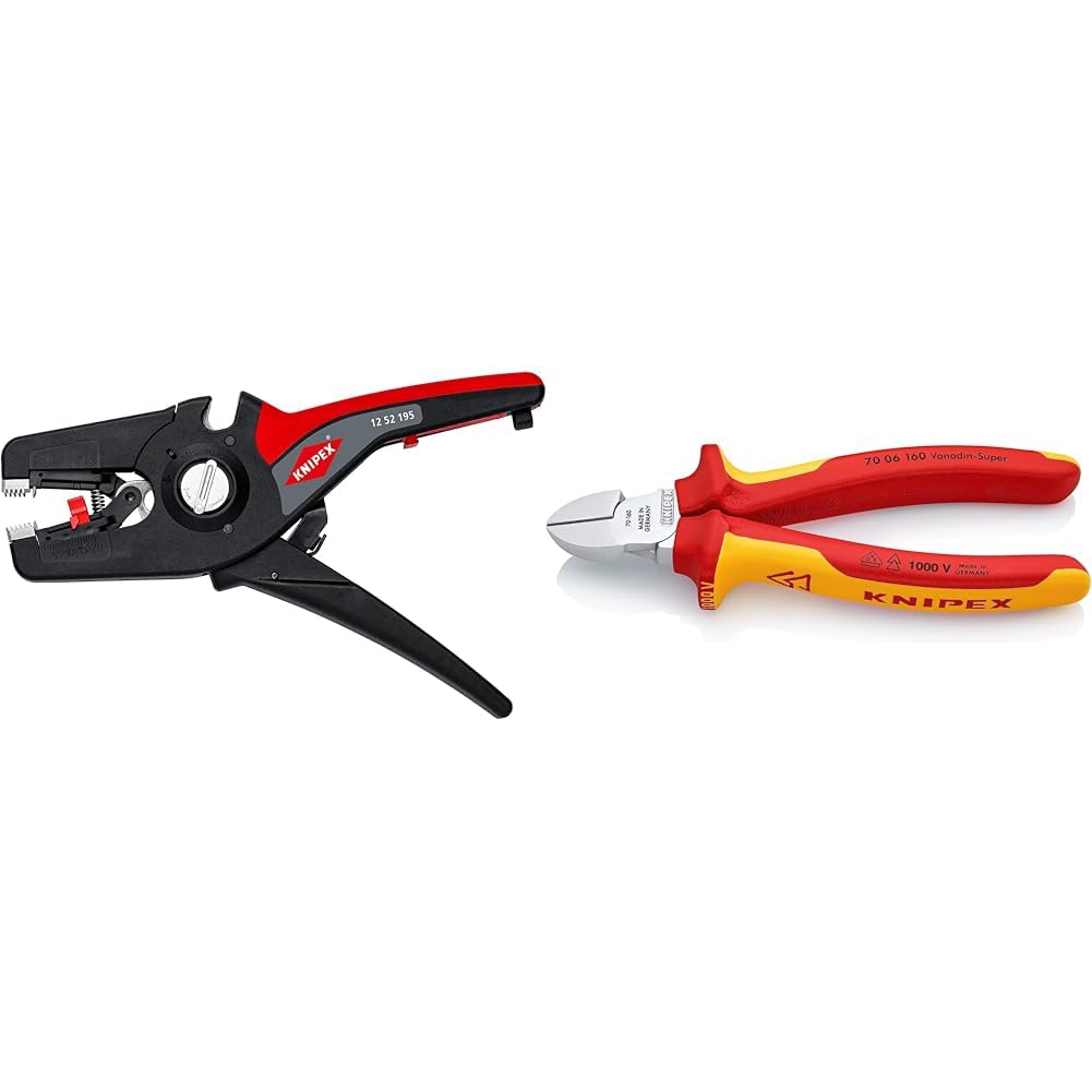 Knipex PreciStrip16 Pince à dénuder automatique 195 mm (carte LS/blister) 12 52 195 SB, Noir & Pince coupante de côté chromée, isolées par gaines bi-matière, certifiées VDE 160 mm 70 06 160