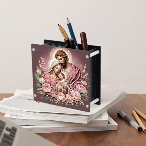 Image of DIY 5D Diamond Painting Pen Holder, Religious Family Acrylic Pencil Organizer for Christian Faith Decor, Decorative Diamond Art Desk Storage for Home and Office Supplies