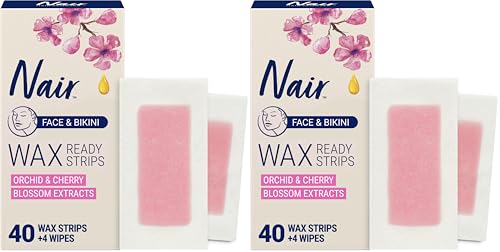Nair Hair Remover Wax Ready Strips, Face and Bikini Hair Removal Wax Strips, Orchid and Cherry Blossom Extracts, Dermatologist Tested, Plus 4 Non-Flushable Post Wipes, 40 Count (Pack of 2)