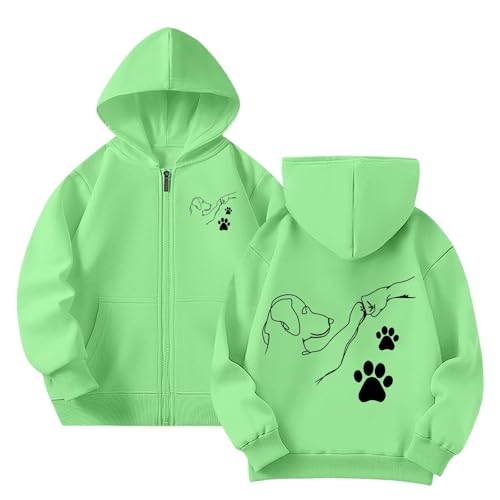 Image of Girls Hooded Sweatshirt Zip Up Long Sleeve Hoodie with Cartoon Fist Bump Graphic for Casual Outerwear in Autumn and Winter, Light green, 13- 14 Years