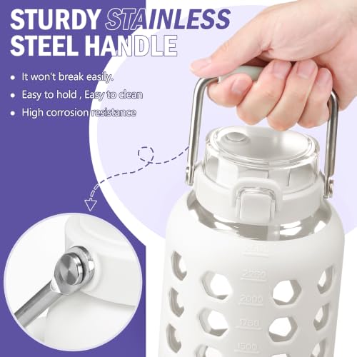 Image of MUKOKO 84 oz Glass Water Bottle, Stainless Steel Handle, White