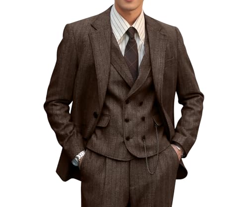 Mens Suit 3 Piece Tweed Herringbone Tuxedo Suit Wedding Suits for Mens Blazer Jacket Double Breasted Vest Pants Set