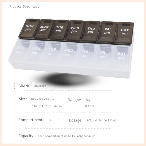Image of 7 Day Weekly Pill AM PM Organizer, ShysTech Large Pill Case Pill Box for Pills /Vitamin /Supplements /Medication (Black /White)