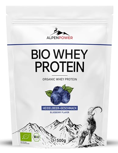 AlpenPower BIO WHEY Protein Heidelbeere 500 g - 100% natürliche Zutaten & ohne Zusatzstoffe - Hochwertiges CFM Eiweiß-Pulver aus bester Bio-Alpenmilch