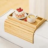 Kssiaz Sofatablett Armlehne, Bambus Sofa Tablett Sofa Ablage, Faltbares Couch Tablett Armlehne, Rutschfestes Sofa Armlehnentablett Sofatablett mit Getränkehalter für Snacks/Handy/Control/Tassen