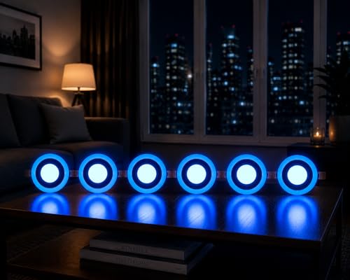 Image of OLIPS 6W (3+3) LED Ceiling Panel Down Light | Dual Color Change by On /Off Switch | Fan Box POP Decorative LED | White Center & Color Ring Design (Blue, 6)
