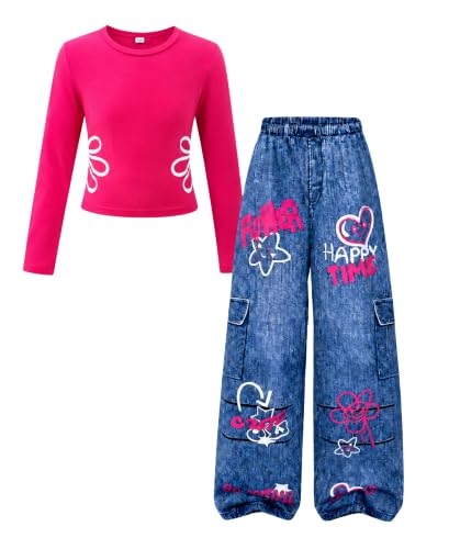Image of Tween Girls Clothes 2 Piece Long Sleeve Top + Denim Cargo Pants, Teen Girls Fall Clothing Set, Sizes 7-16 Years
