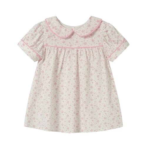 Girl Pink Floral Dress Smocked Front Peter Pan Collar Dresses Breathable
