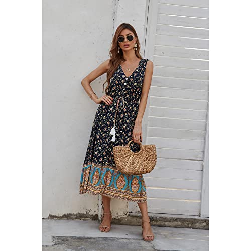 Image of BROVAVE Women Summer Bohemian Floral Print V Neck Sleeveless Sundress Flowy Casual Midi Dress