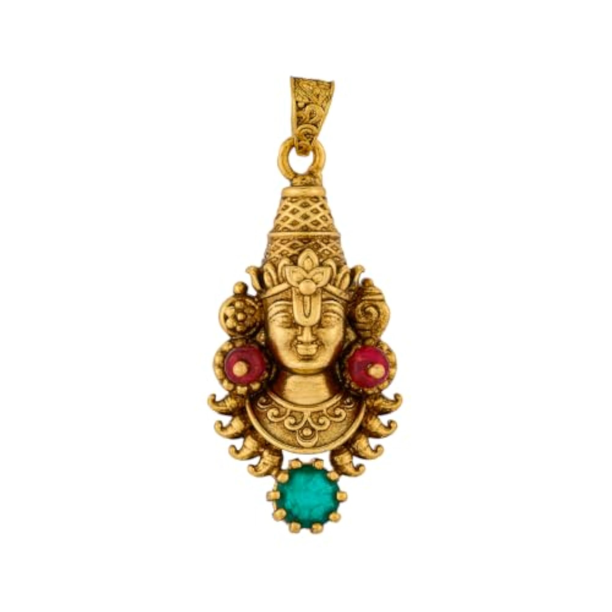 Women's Ruby-Green Oxidised Gold Plated Temple Pendant, No Chain