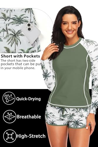 Women's Long Sleeves Rash Guard - 2 Piece Swimsuits with Built in Bra Swim Shirt and Shorts with Pockets - Image 4