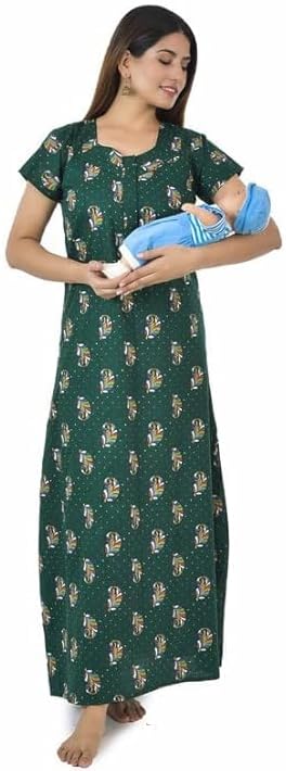 Cotton Maternity Gown for Women Pregnancy - Floral Feeding Maxi & Night Dress for Pregnant Women - Nursing Pre and Post Pregnancy Wear. Green