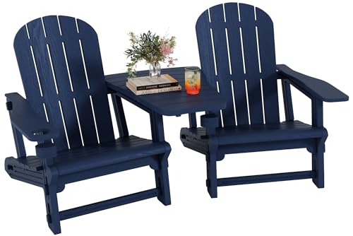 Shintenchi Adirondack Chairs Set of 2,HDPE Adirondack Chair w/Removable Tablelop & Umbrella Hole,All-Weather Wooden Textured Plastic Outdoor Chairs w/Cup Holder for Garden Backyard Pool,Dark Blue