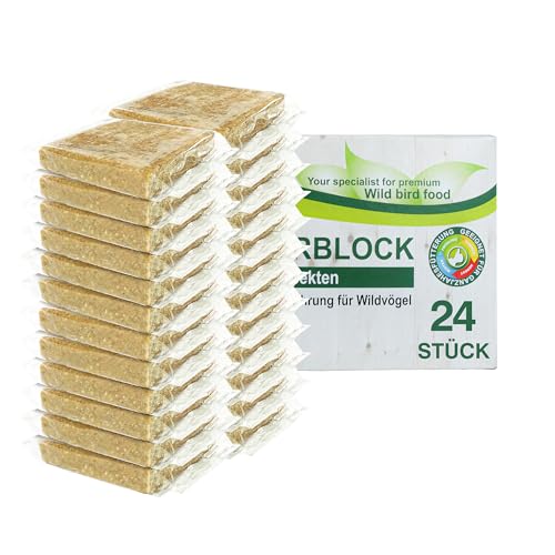 Energieblock Vogelfutter Wildvögel Ganzjährig – mit proteinreichen Insekten– Fettfutter für Wildvögel und Eichhörnchen, Fettblock mit Mehlwürmern – Wildvogelfutter, 24 x 300g