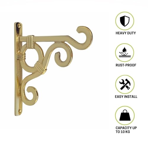 Image of Metal Wall Hook Hanging Plant Bracket | Decorative Straight Plant Hanger for Pots, Bird Feeders, Planters, Lanterns, Cotton, Wind Chimes Indoor Outdoor, (Gold, Pack of 4)
