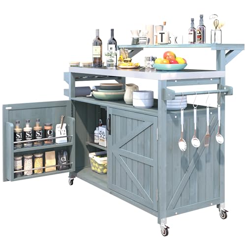 JIVOIT Kitchen Island with Raised Shelf, 53.3" Outdoor Rolling Grill Cart with Internal Storage Rack, Adjustable Shelf, Spice Rack, Gas Passage Design, Stainless Steel Top, Door Hooks (Blue/105)