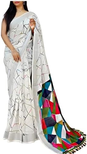 C J Enterprise Women’s Pure Linen Cotton Banarasi Soft Silk Saree With Blouse Piece For Wedding (Kia) (White)