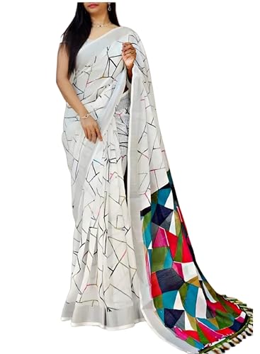 C J Enterprise Women’s Pure Linen Cotton Banarasi Soft Silk Saree With Blouse Piece For Wedding (Kia) (White)