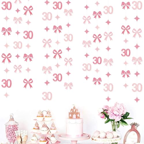 Image of Glitter Pink 30th Bow Birthday Decorations Hot Pink Conquette Bow Garland Streamer Banner Backdrop for Womens Happy 30th Birthday Dirty Thirty Cheers to 30 Years Old Anniversary Party Supplies