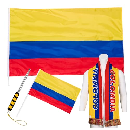 JAY CROFT Colombia Knitted Country Flag Scarf with Body Flag Hand Flag and Telescopic Flagpole Football Soccer Supporter Gear for Men Women
