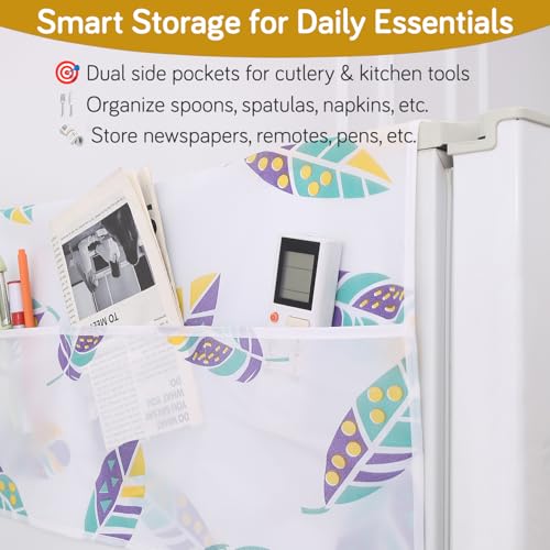 Image of HOKIPO Large Fridge Cover Top | For Bigger Double Door Refrigerator | Waterproof, Printed with 6 Side Pockets, Size Large 180x62 cm, Boho Feathers (AR-5876-D5)