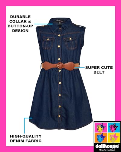 dollhouse Girls' Belted Denim Dress – Durable Collar Button Up Jean Dress for Girls (Sizes: 7-16)2