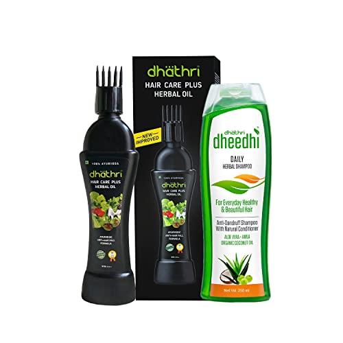 Image of Dhathri Hair Care Plus Herbal Oil | Ayurvedic hair oil for intense hair fall problems - 200ml & Dheedhi Daily Herbal Shampoo | Mild Shampoo for daily use- 200ml