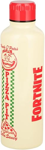 Paladone Fortnite Uncle Pete's Pizza Pit Metal Water Bottle with Screw-Top Lid, Officially Licensed Reusable Stainless Steel Flask 500ml, Gaming Merchandise for Teens, Adults, School, Work