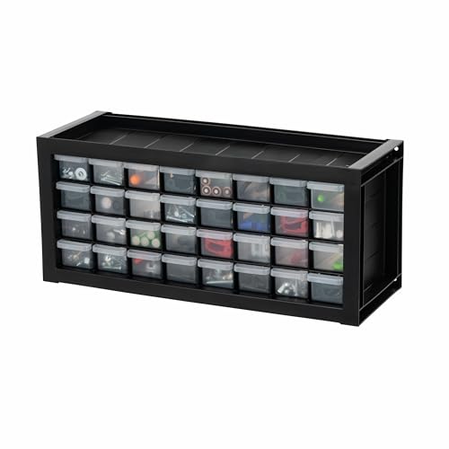 Image of IRIS USA 32-Drawer Tool Organizer, Made in USA, Teacher Toolbox, Small Parts Plastic Storage Drawers for Screws, Hardware, Bead, Diamond Arts, Stackable Garage Storage Cabinet, Black