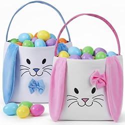 2 Packs Easter Baskets, Easter Bunny Baskets with Handle Gift Baskets Tote Bags Cute Egg Hunt Buckets for Easter Eggs Hunt, Easter Party Favor(No Easter Eggs)