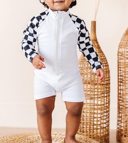 Lesimsam Toddler Baby Boy Swimsuit Checkered Patchwork Long Sleeve One Piece Zipper Bathing Suit Rash Guard Swimwear Sunsuit2