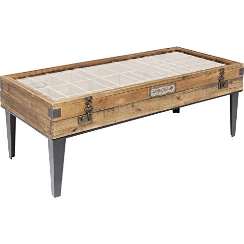 Kare Design Couchtisch Collector, Nature, Couchtisch, Beistelltisch, Tannenholz Korpus, Glas Tischplatte, Stahl Beine, 46x122x55 cm (H/B/T)