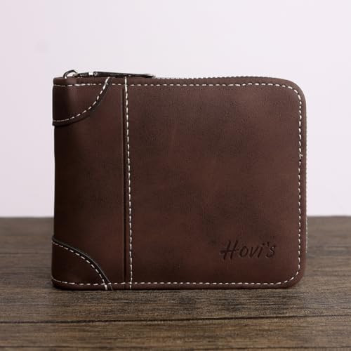 Slim Wallet for Men with Zipper RFID Blocking - Minimalist Front Pocket Bifold Wallet for Women, Compact Travel Money Organizer Card Holder with ID Window & Cash Pocket (Brown)2