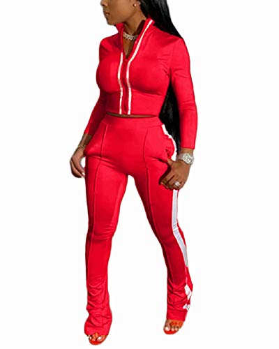 Two Piece Outfits for Women with Pockets Bodycon Zip-up Crop Jacket Bootcut Pants Jogging Set Tracksuit Sportswear Red S