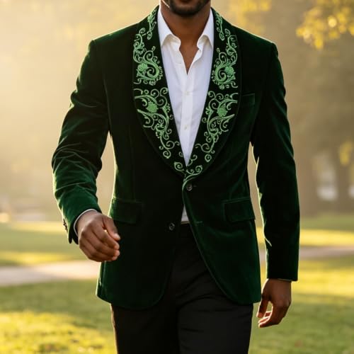 DAMANGUAN Men's Velvet Blazer, Gold Embroidered Suit Jacket, Black Tuxedo for Wedding Party Prom (US, Alpha, Small, Regular, Regular, Dark Green) - image 4